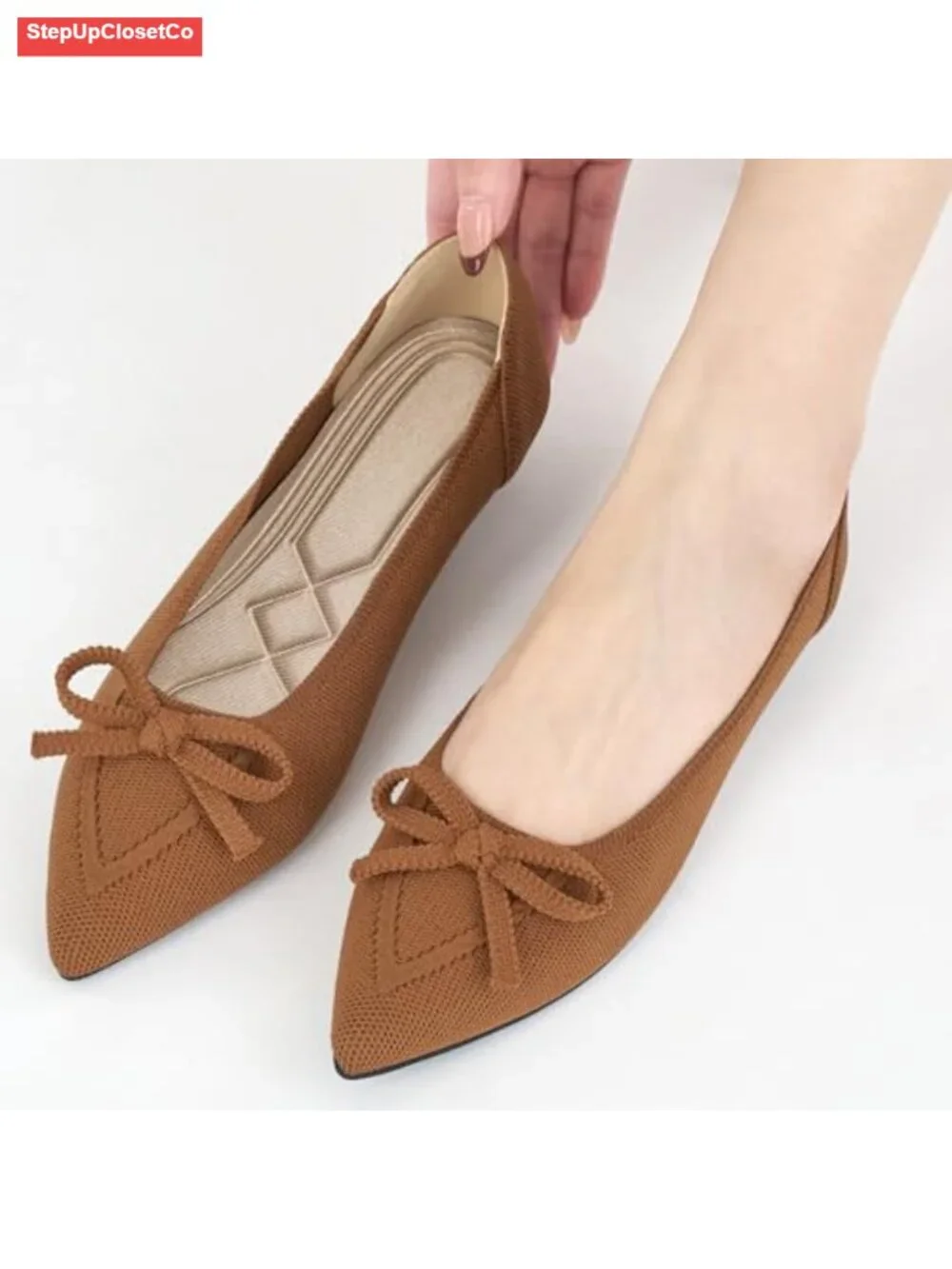 Dressy Pointed Toe Bow Knit Ballet Flats - Comfortable Memory Foam Slip On Shoes